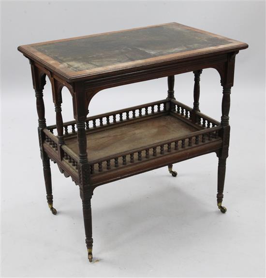 A Victorian Gillow & Co mahogany occasional table, attributed to Bruce J. Talbert (1831-1881), W.2ft 3in. D.1ft 6in. H.2ft 3in.